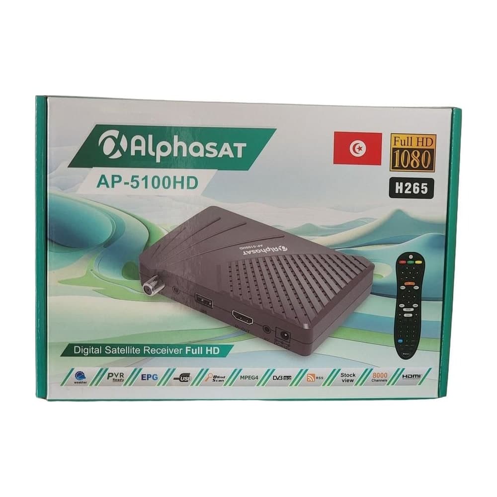 Récepteur AlphaSat AP-5100 + clé WiFi + 2 ans Alpha, Ta3limiya, Chahed, Diwan Sport